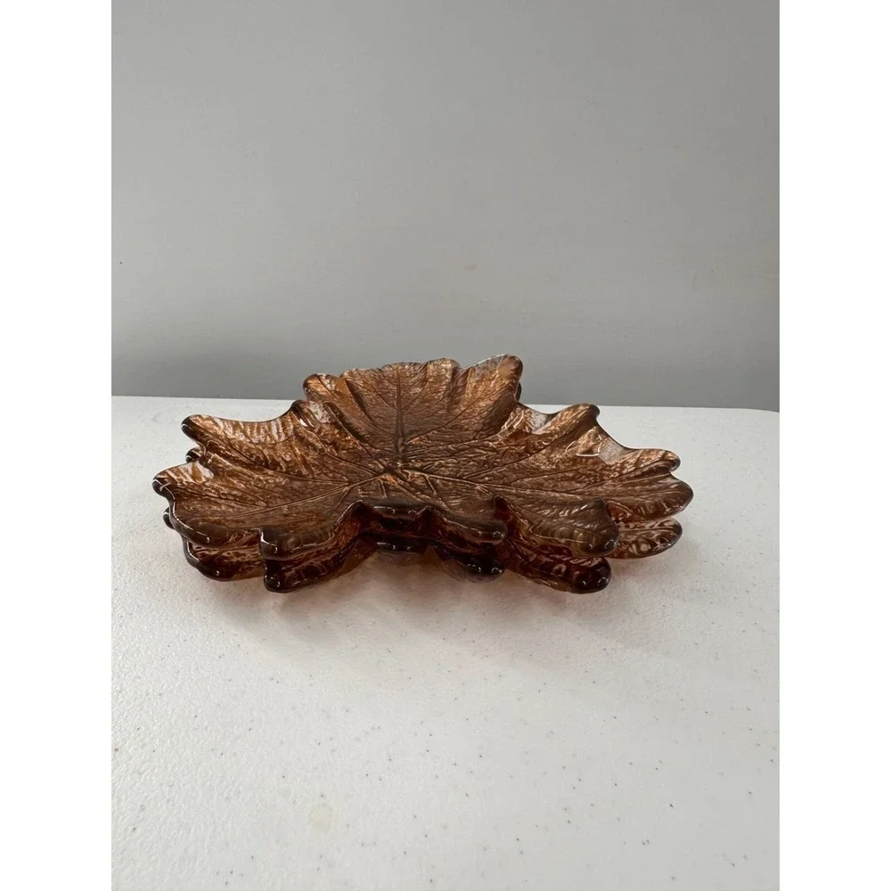 Set Of 2 Leaf-Shaped Brown Glass Decorative Plates amber dish trinket 7‎ inch